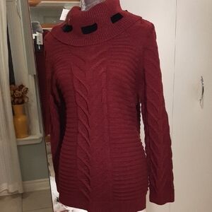 NWT💝Karl Lagerfeld🍷BURGUNDY CHUNK Cable Knit Turtleneck with BLACK RIBBON SZ L